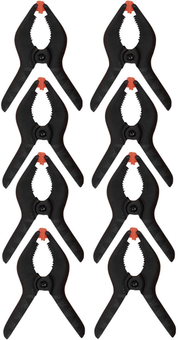 Huit pinces de serrage noires à pointes rouges, disposées symétriquement en deux rangées de quatre pinces chacune, sur un fond blanc.