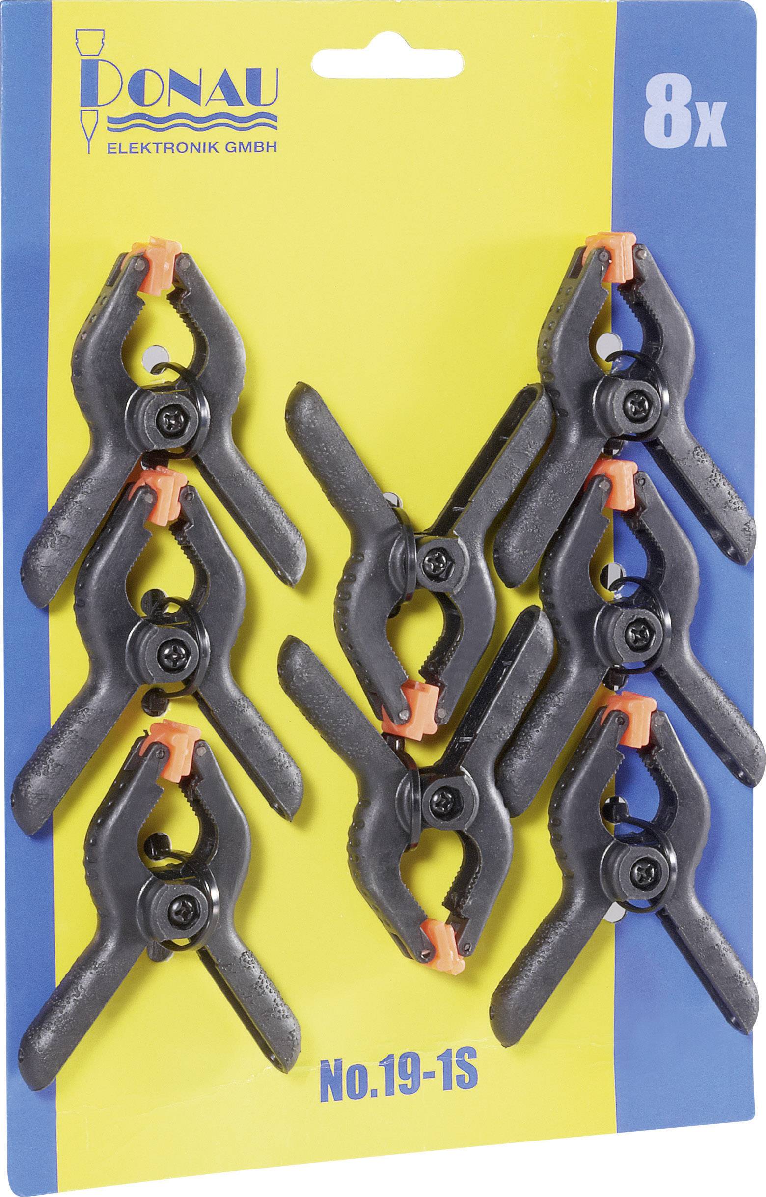 Huit pinces en plastique noir avec des embouts orange, emballées sur une carte bleue. Nom de marque et numéro de modèle visibles en haut.