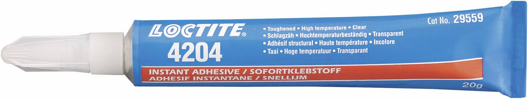 Colle instantanée 'Loctite 4204', tube transparent de 20g, adaptée aux hautes températures. Design d'emballage avec informations produit.
