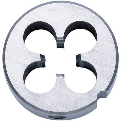 Un taraud à fileter en métal avec quatre échancrures rondes, utilisé pour couper ou former des filets externes sur des tiges.
