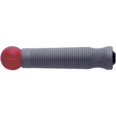 Une poignée striée rouge et noire, utilisée pour les guidons de vélo ou de trottinette, est posée horizontalement sur un fond blanc.