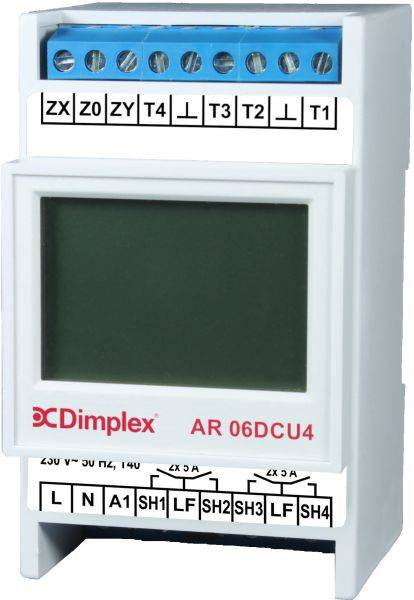 Compteur numérique dans un boîtier avec affichage, nom du fabricant 'Dimplex' et numéro de modèle 'AR 06DCU4' visible. Bornes de connexion en haut.