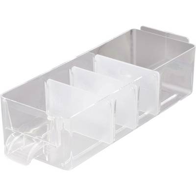 Boîte de rangement transparente en plastique avec quatre compartiments, adaptée au stockage de petits objets ou à des fins d'organisation.