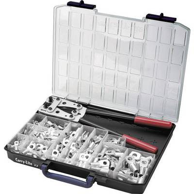 Une boîte à outils ouverte avec plusieurs compartiments, contenant des pinces métalliques et des outils avec des poignées rouges.