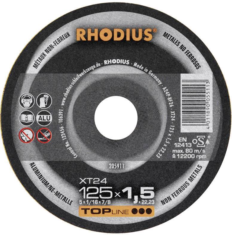 'Disque à tronçonner RHODIUS, Ø 125 mm, pour métaux et métaux non ferreux, vitesse maximale 12200 tr/min, Norme EN 12413, Fabriqué en Allemagne.'