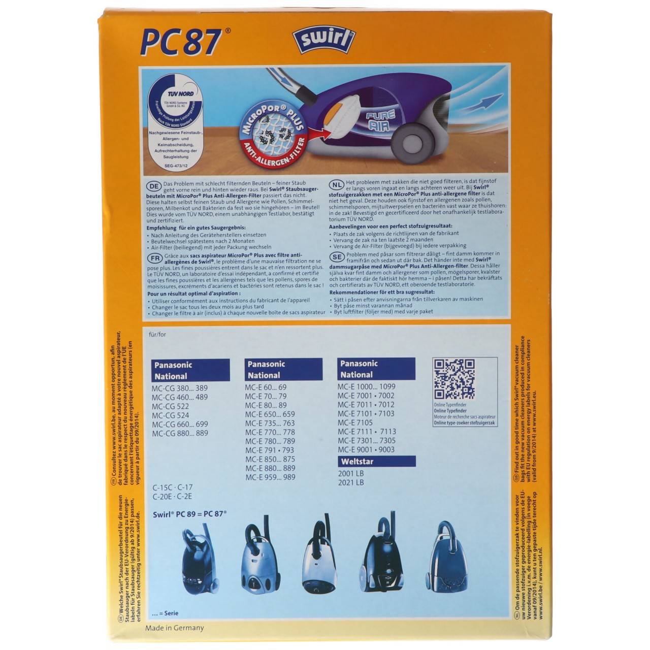 Sac pour aspirateur Swirl PC87 (PC89 / PC90) MicroPor Plus pour aspirateurs Panasonic-1