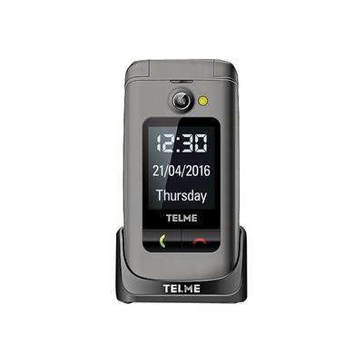 Téléphone portable à clapet pour séniors Telme X200 avec station de charge, Touche SOS gris sidéral