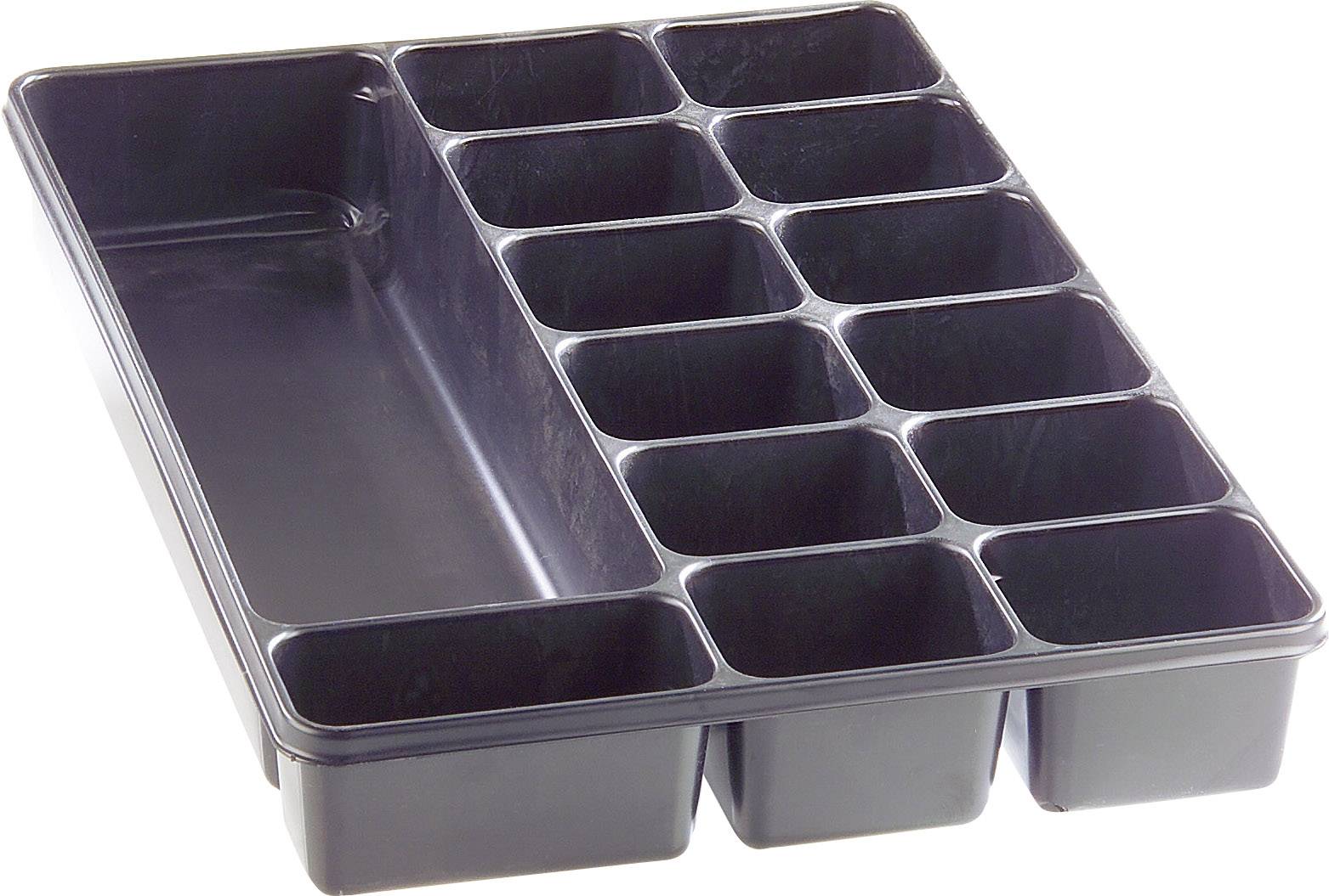 Une boîte de rangement en plastique noir avec plusieurs compartiments rectangulaires de différentes tailles, adaptée au stockage de petits objets.