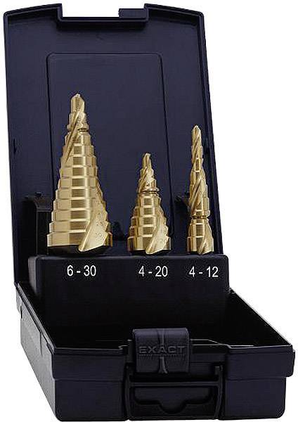 Un ensemble de trois forets étagés dorés avec les dimensions 6-30, 4-20 et 4-12 mm dans un boîtier noir ouvert.