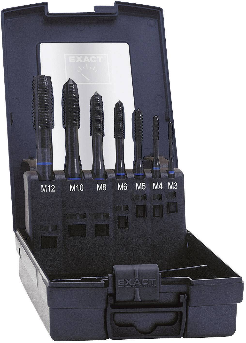 Un coffret ouvert en plastique contenant six tarauds de différentes tailles, de M3 à M12, disposés verticalement.