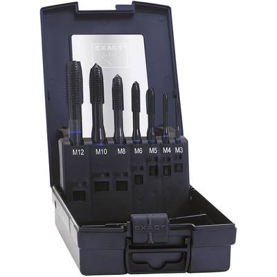 Un coffret ouvert en plastique contenant six tarauds de différentes tailles, de M3 à M12, disposés verticalement.