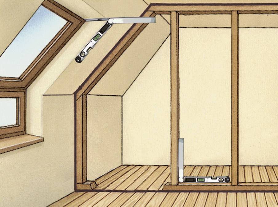 'Illustration d'un grenier avec des poutres en bois et un appareil de mesure numérique pour vérifier l'inclinaison de la structure des poutres.'