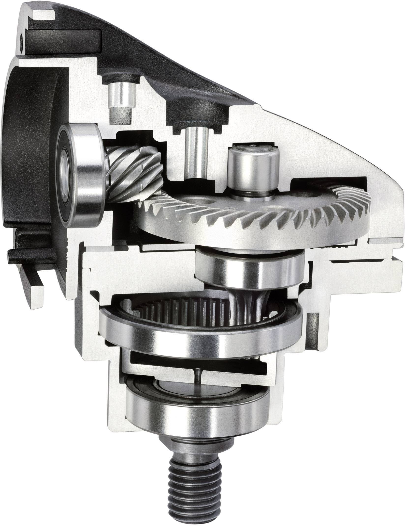 Coupe transversale d'un engrenage montrant les roues dentées et les roulements. Vue sur les mécanismes internes, révélant les détails techniques de la construction.