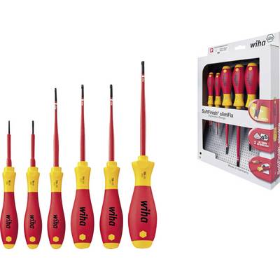 Ensemble de tournevis Wiha SoftFinish slimFix, cinq pièces. Poignées rouge et jaune. Emballage avec informations produit présenté à droite.