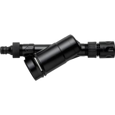 Un système de filtration d'eau noir avec plusieurs raccords et boutons rotatifs, utilisé pour filtrer et purifier l'eau.
