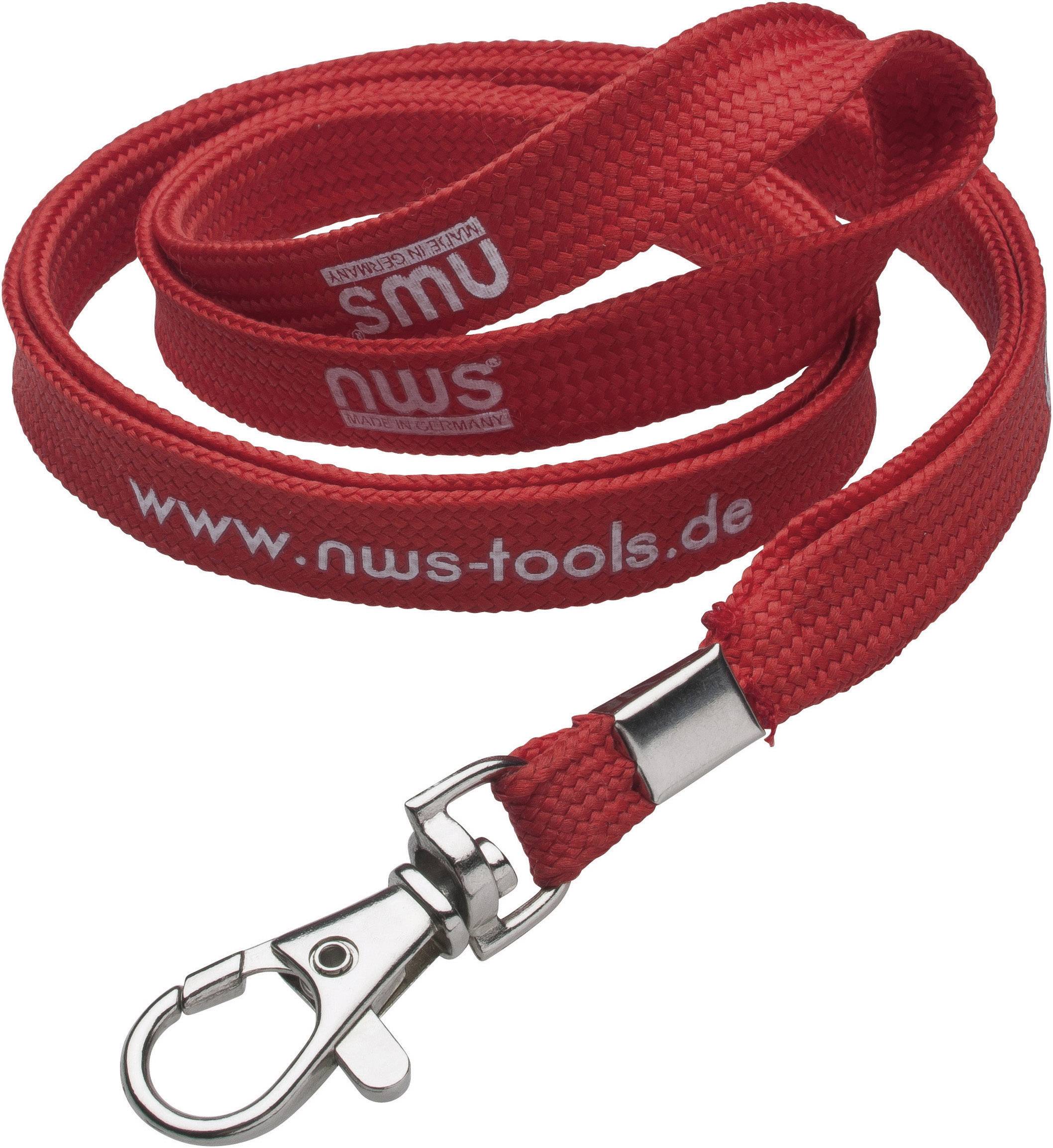 Cordon porte-clés rouge avec clip métallique et l'inscription 'www.nws-tools.de'.