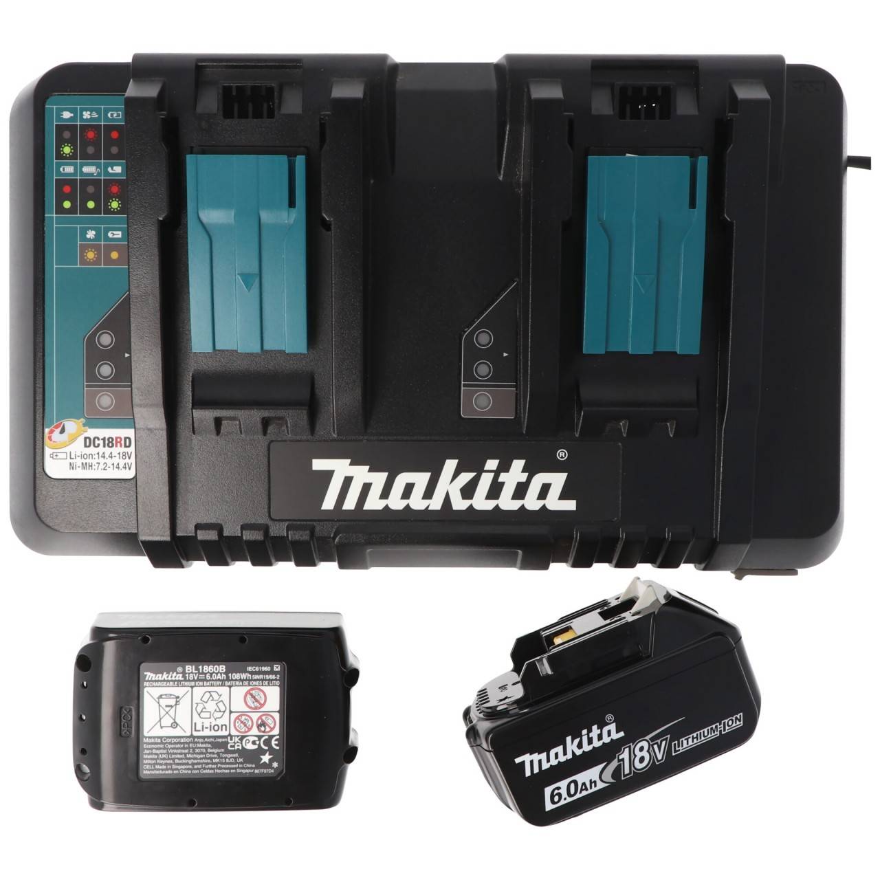 Makita Power Source Kit Li 18V avec 2x batterie BL1860B 6,0Ah + double chargeur DC18RD 199484-8-4