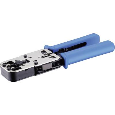 Pince à sertir avec des poignées bleues sur fond blanc, utilisée pour connecter et sertir les connecteurs de câbles réseau.