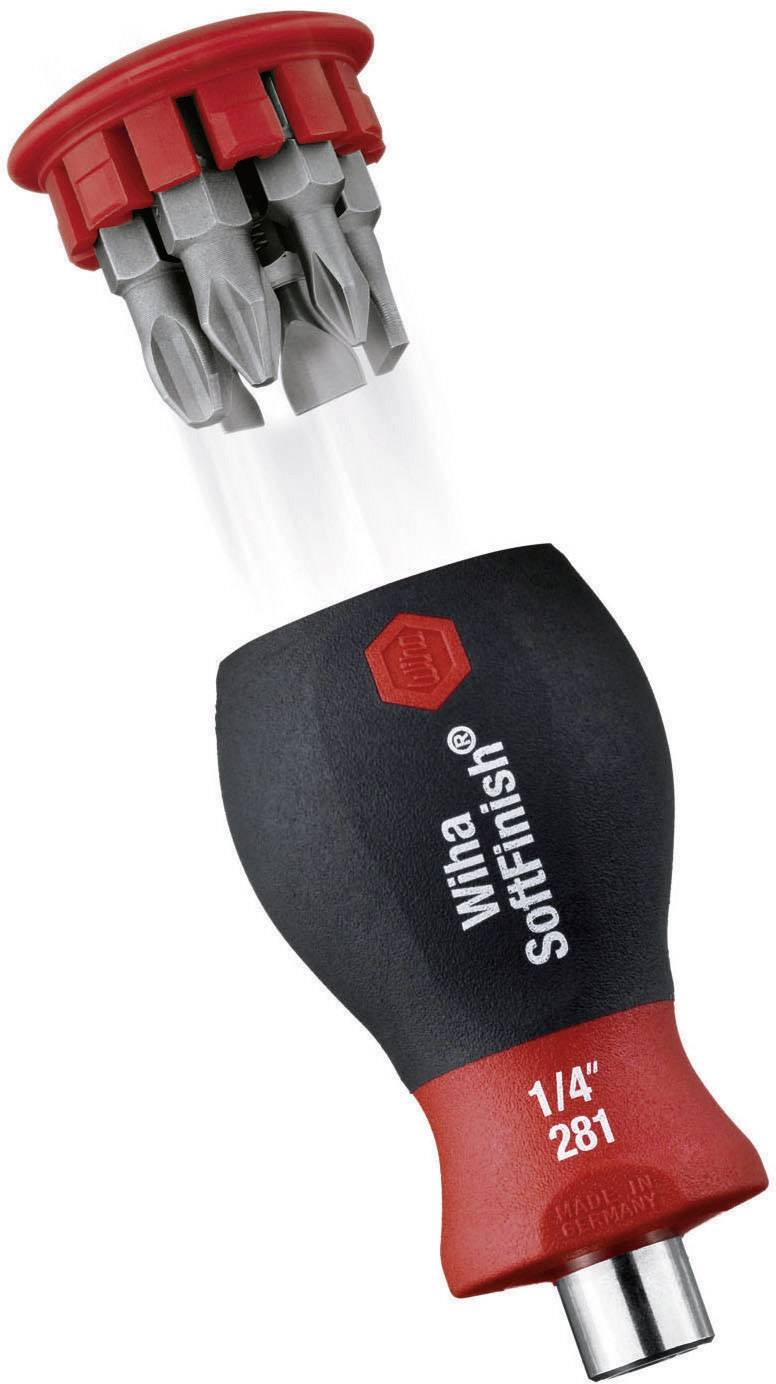 Poignée de tournevis de Wiha avec jeu de bits intégré. La poignée est ergonomiquement conçue et contient plusieurs embouts à l'intérieur.