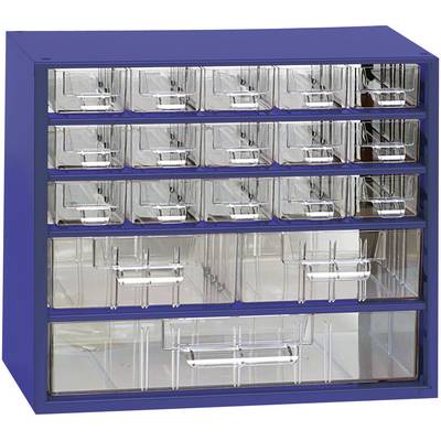 Une armoire à tiroirs bleue avec plusieurs tiroirs transparents, idéale pour le rangement de petits objets.