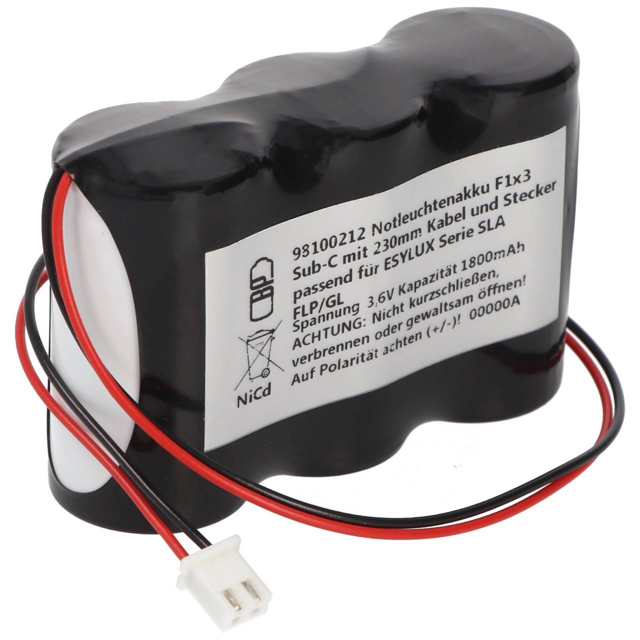 Batterie d'éclairage de secours NiCd 3.6V 1800mAh F1x3 Sub-C avec câble 230mm et prise adaptée à la série ESYLUX SLA...