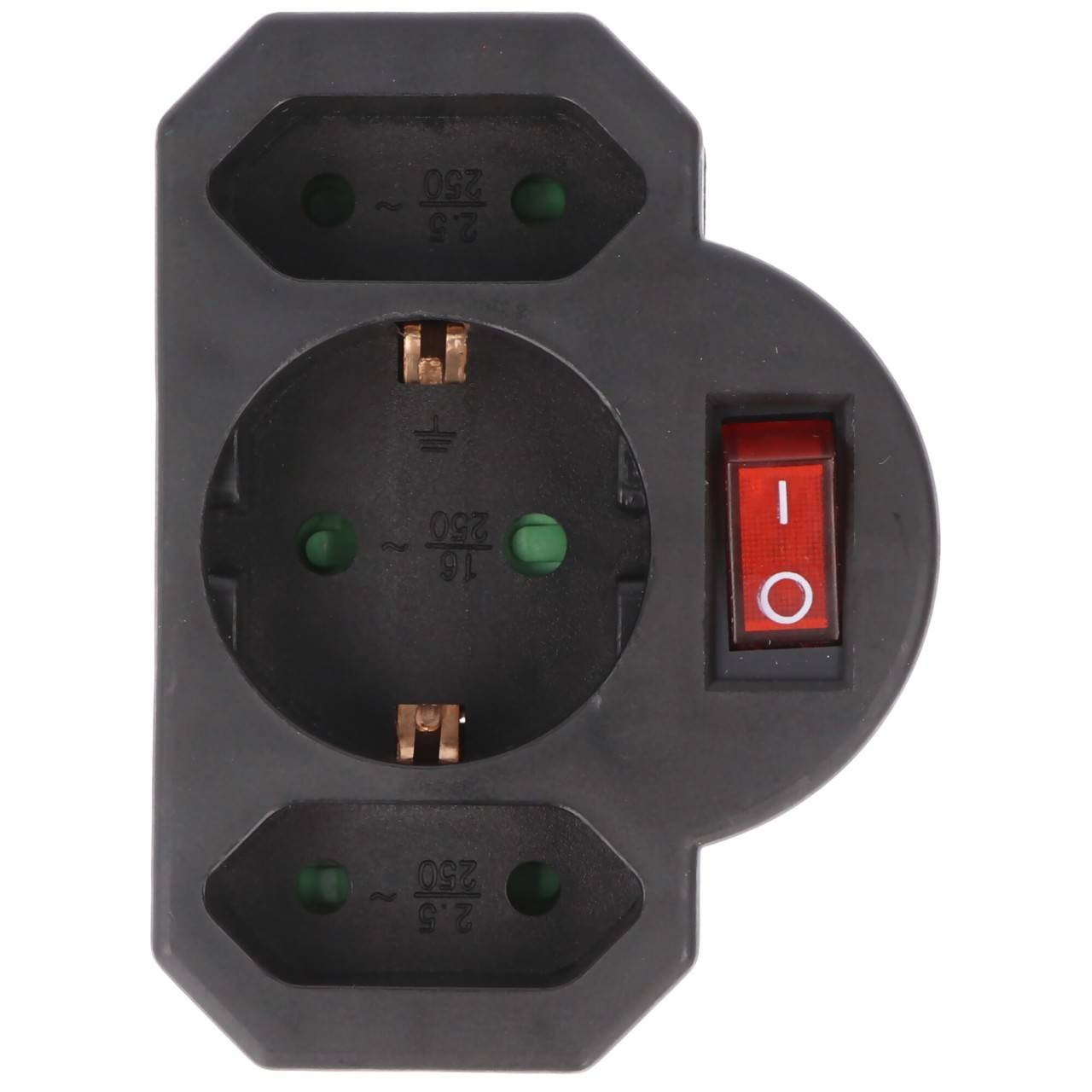Prise multi 2x Euro et 1x contact de protection noir avec interrupteur - ATTENTION PRISE DE TYPE F-2