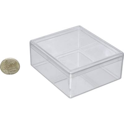 Une boîte en plastique transparente à côté d'une pièce de 10 centimes pour illustrer la taille de la boîte.
