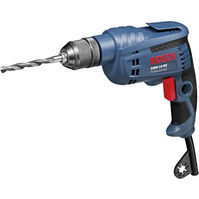 Perceuse électrique bleue avec foret gris et interrupteur rouge. Marque 'Bosch GBM 10 RE Professional'.