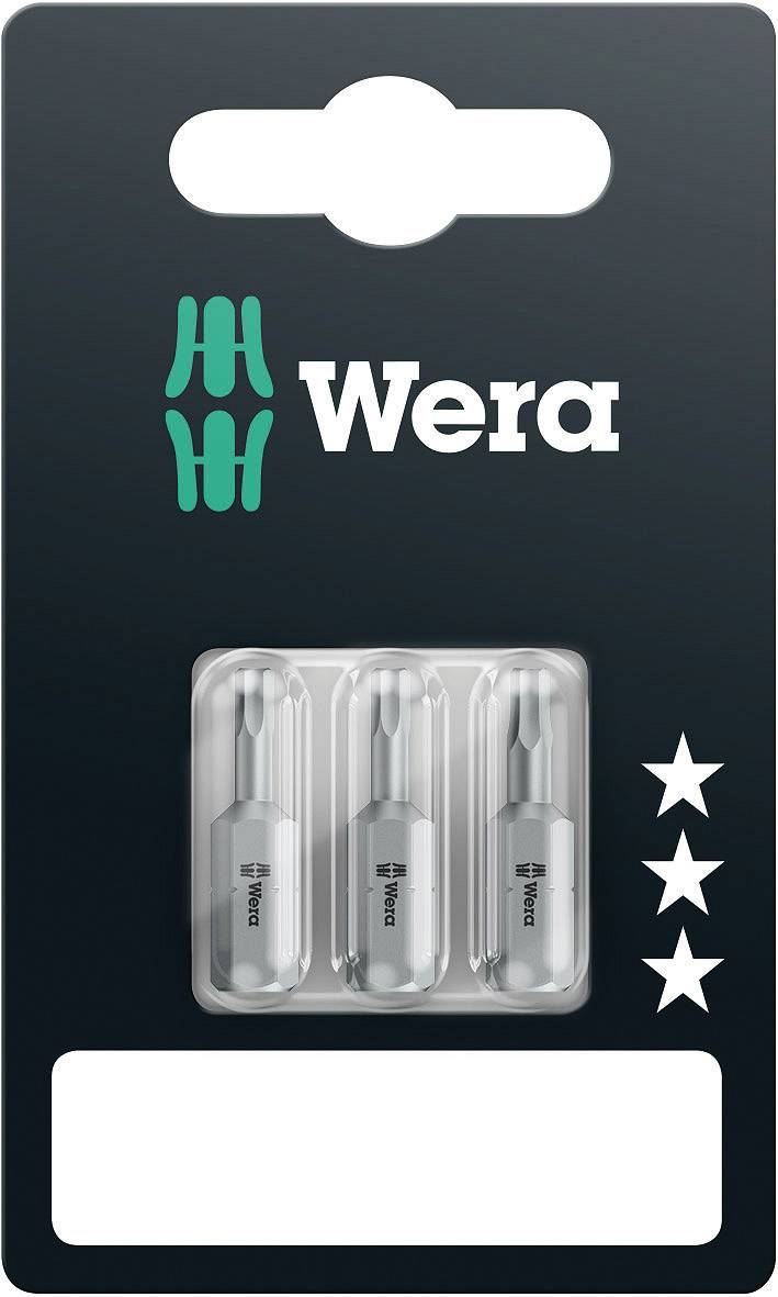 'Trois embouts de tournevis Wera en emballage blister, carte noire avec le logo Wera et trois étoiles blanches.'