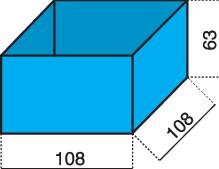 Dessin isométrique d'un cube bleu. Longueur et largeur : 108 unités, hauteur : 63 unités.