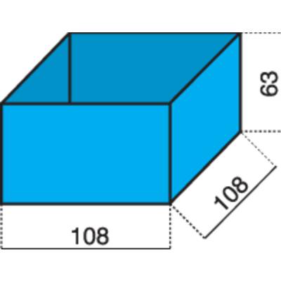 Dessin isométrique d'un cube bleu. Longueur et largeur : 108 unités, hauteur : 63 unités.