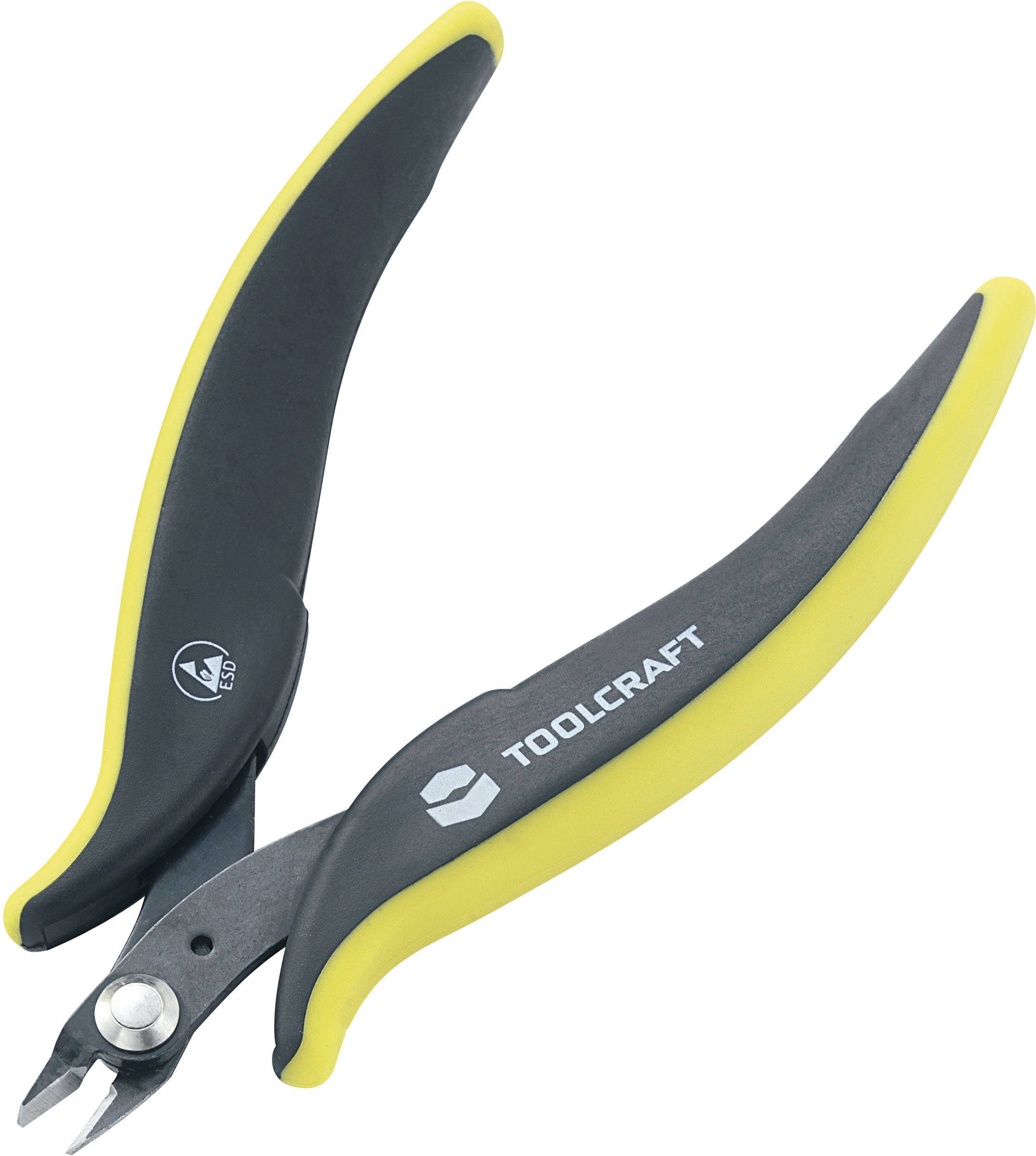 Pince coupante jaune et noire portant l'inscription 'TOOLCRAFT' sur une poignée. Elle dispose d'une petite surface de coupe et de poignées ergonomiques.