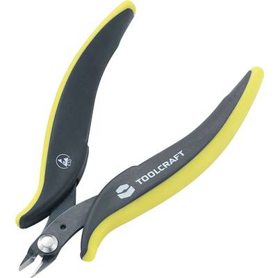 Pince coupante jaune et noire portant l'inscription 'TOOLCRAFT' sur une poignée. Elle dispose d'une petite surface de coupe et de poignées ergonomiques.