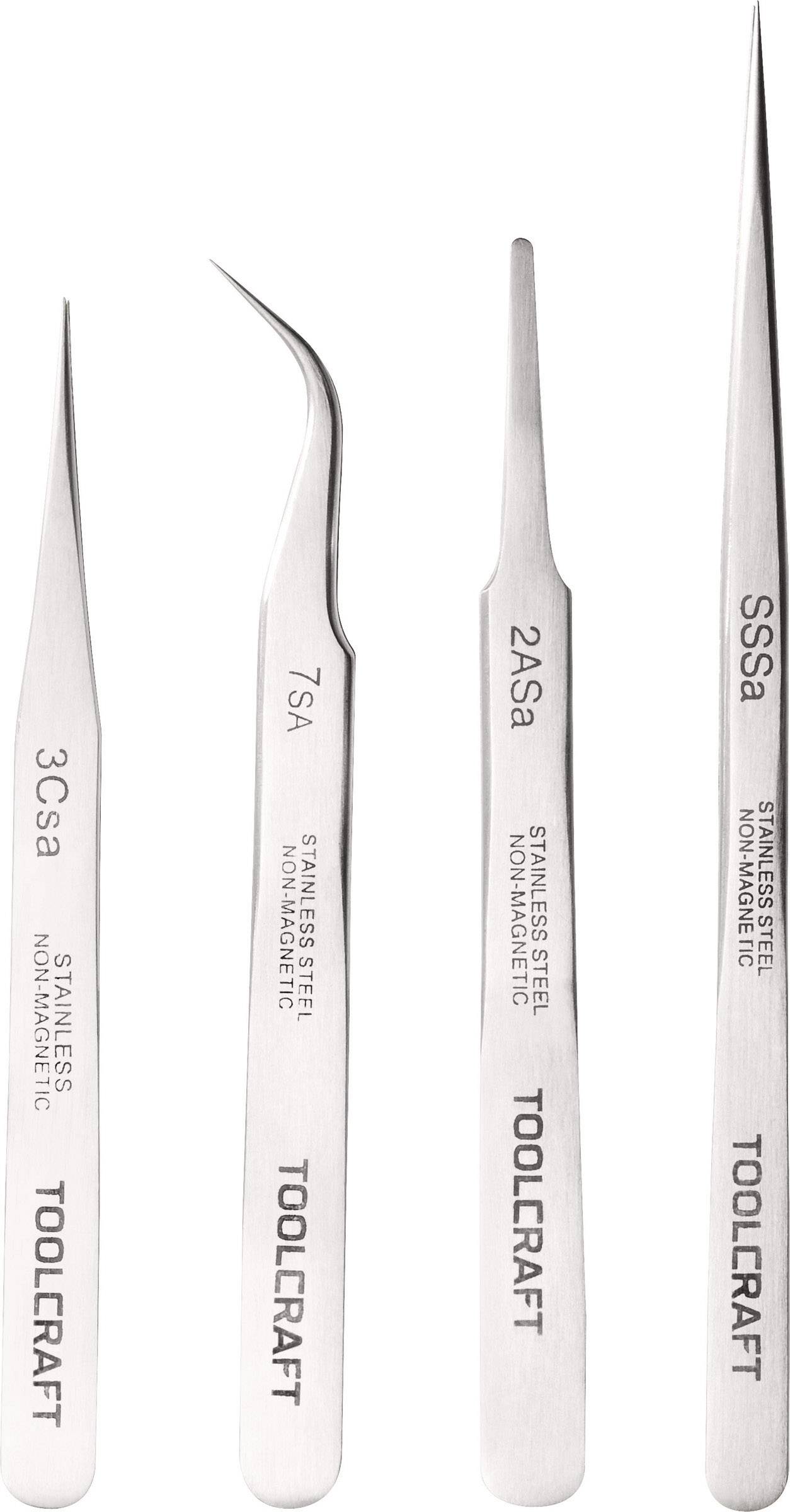 Quatre pinces à épiler de précision en acier inoxydable, étiquetées 3Csa, 7Sa, 2Atsa et SSsa, de la marque Toolcraft.