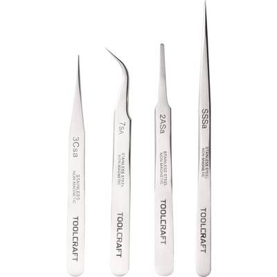 Quatre pinces à épiler de précision en acier inoxydable, étiquetées 3Csa, 7Sa, 2Atsa et SSsa, de la marque Toolcraft.