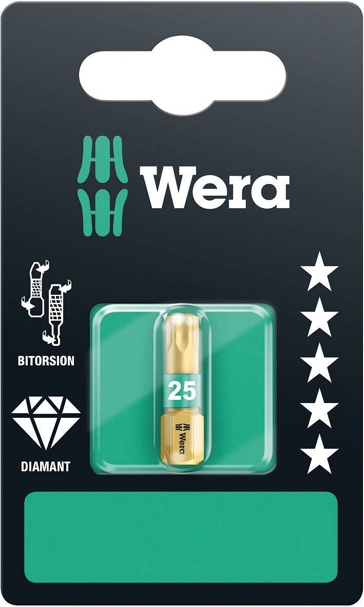 'Embout Wera de 25 mm avec revêtement diamant dans un emballage avec logos et symboles pour Bitsorison et Diamant.'