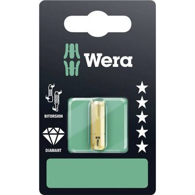 Un embout Wera Bitsatz, emballé dans un boîtier en carton au design vert et noir. Contient un embout de qualité supérieure en finition dorée.
