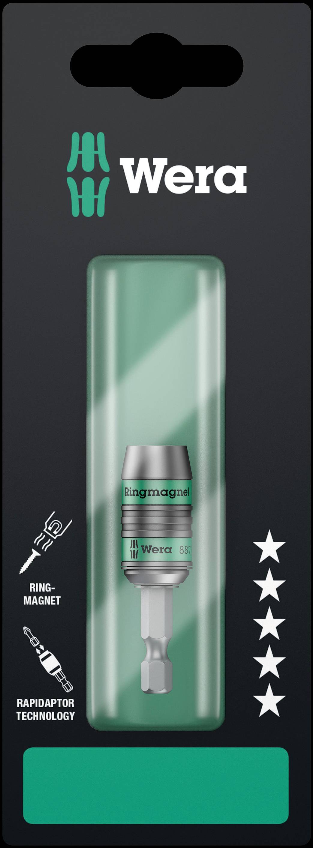 Emballage du support de bits Wera avec aimant annulaire et technologie Rapidaptor, idéal pour le changement précis des embouts ; symbole de notation de cinq étoiles.