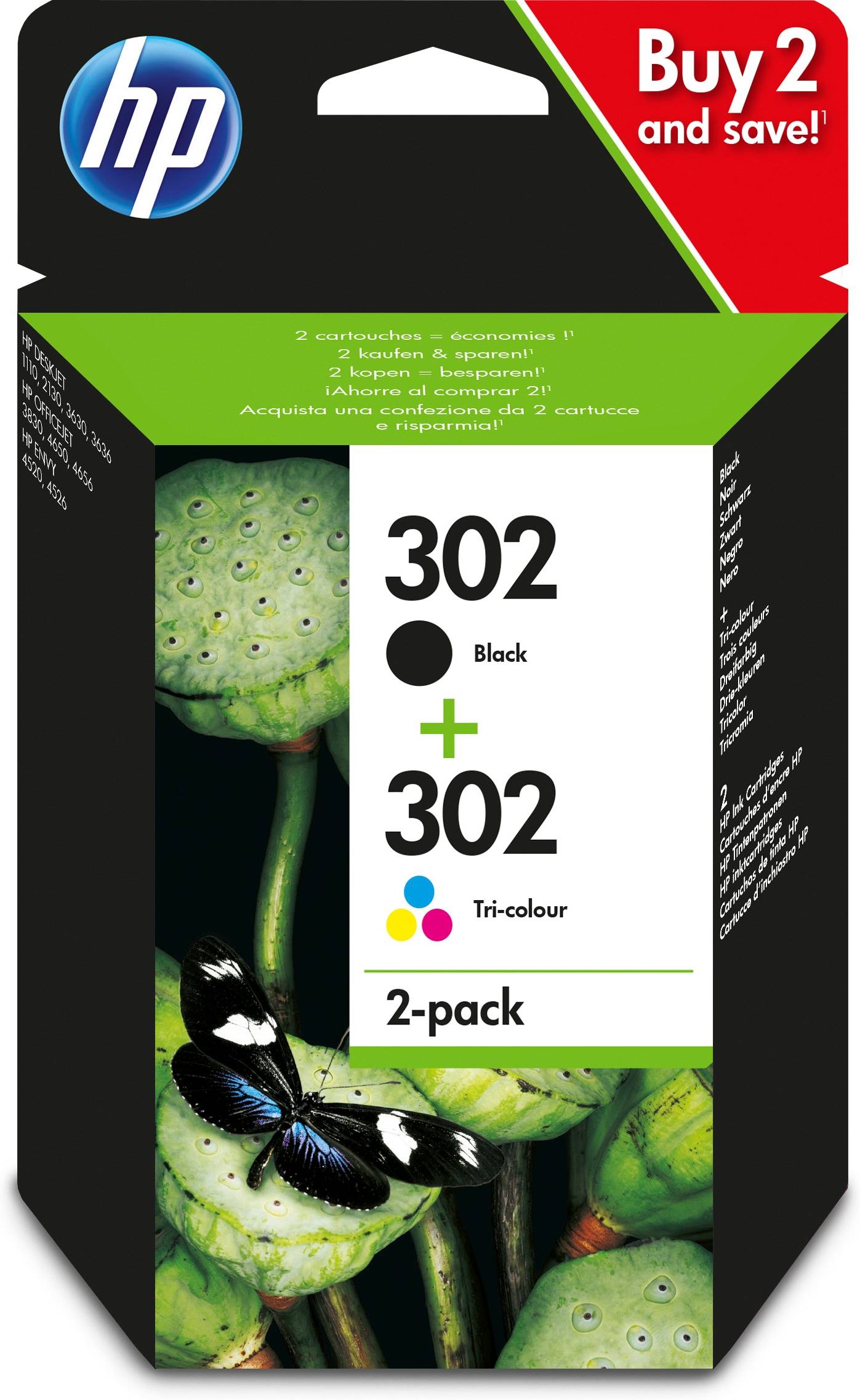 HP Pack de 2 cartouches d'encre noire/3 couleurs authentiques 302, Rendement standard, Noir, Cyan, Magenta, Jaune, Encre-2