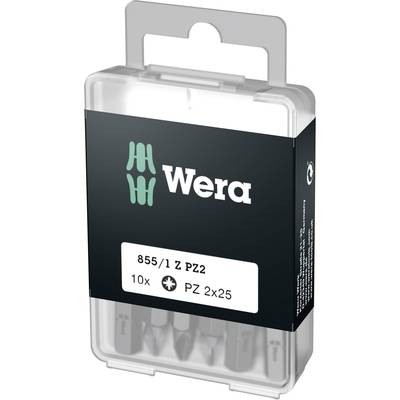Wera Bits-Set, modèle 855/1 Z PZ2, contient 10 embouts, taille PZ 2x25 mm, dans un boîtier en plastique transparent.