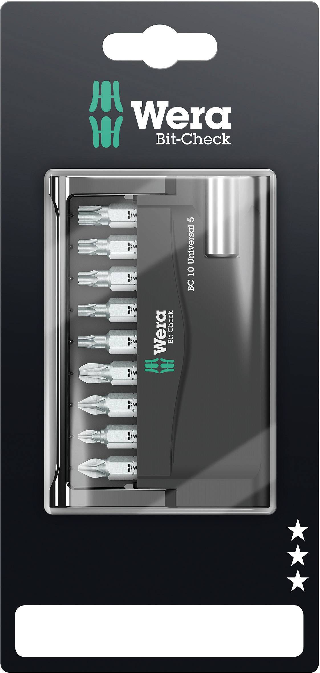 L'emballage présente un jeu d'embouts de Wera avec plusieurs embouts de vis dans un support noir. Le logo Wera est visible en haut.