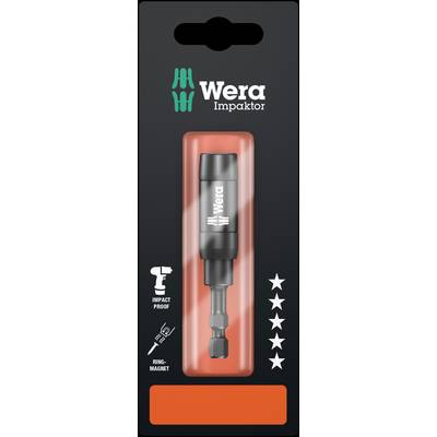 Embout Wera Impaktor Bit dans un emballage noir, adapté pour visseuses à choc. Présentation avec quatre étoiles, symboles de résistance aux chocs et aimant annulaire.
