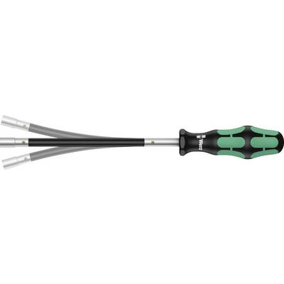 Tournevis à poignée ergonomique, vert et noir, avec trois lames interchangeables formant une forme en V.