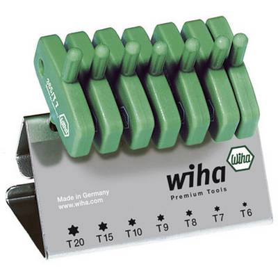 Un jeu de clés Wiha Torx dans un support vert sur un support argenté, avec des tailles de T6 à T20, portant l'inscription : « Made in Germany ».