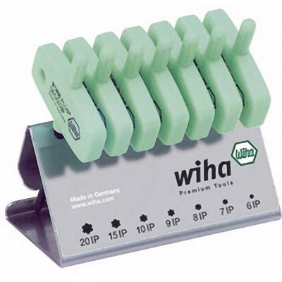 Ensemble de supports d'outils Wiha en vert avec embouts de 6IP à 20IP, sur support gris. Fabriqué en Allemagne, Outils Premium.
