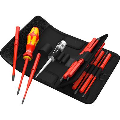 Un ensemble de tournevis isolés avec des poignées rouge et jaune dans un sac noir. Comprend différentes tailles et formes.