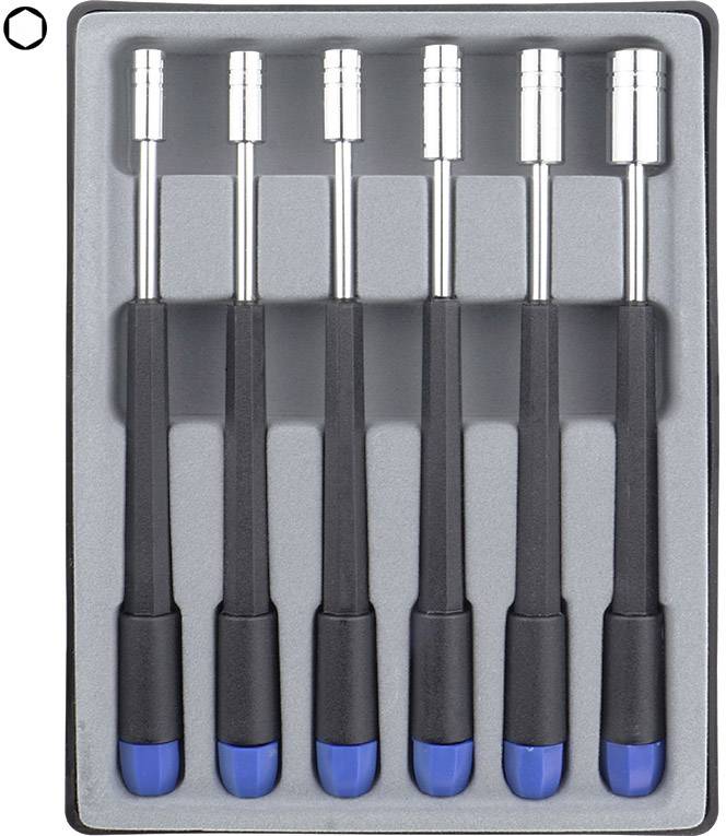 Ensemble de cinq tournevis noirs avec des embouts bleus, debout dans un étui en mousse grise.
