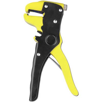 Outil de dénudage jaune et noir avec poignées, vis de réglage de l'épaisseur du câble visible en haut, utilisé pour dénuder les fils.