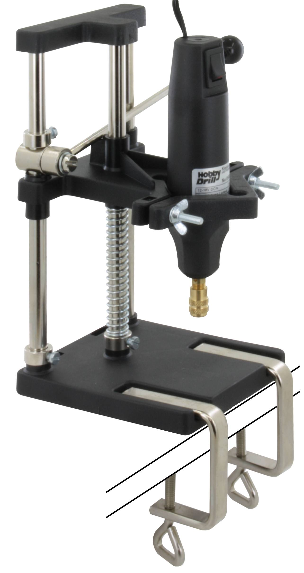 Un porte-outil avec pince à vis pour fixer un petit outil électrique sur le bord d'une table, adapté aux travaux manuels précis.