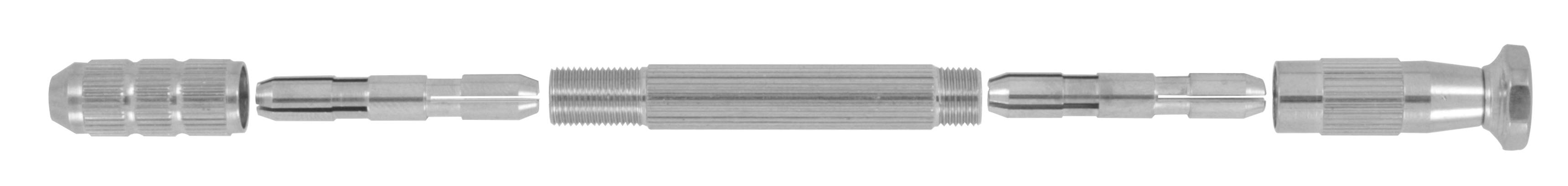 Composant métallique en pièces détachées, de gauche à droite : section gauche à surface rainurée, partie cylindrique centrale, raccord droit.